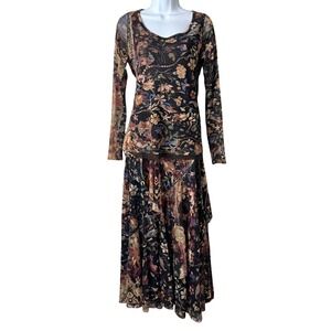 Fuzzi Floral Bird Mesh Tiered Top Skirt Set Womens Large Brown JPG Fairy 2 Piece